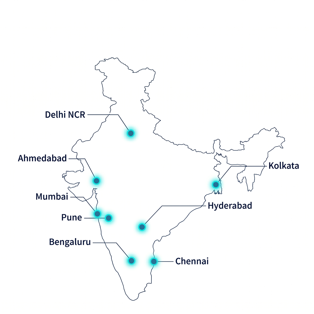 Tirth Chemicals supply network across major Indian industrial cities — Delhi NCR, Ahmedabad, Mumbai, Pune, Hyderabad, Bengaluru, Chennai and Kolkata